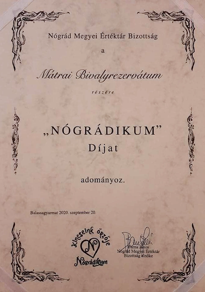 Nógrádikum díj a Mátrai Bivaly rezervátumnak.